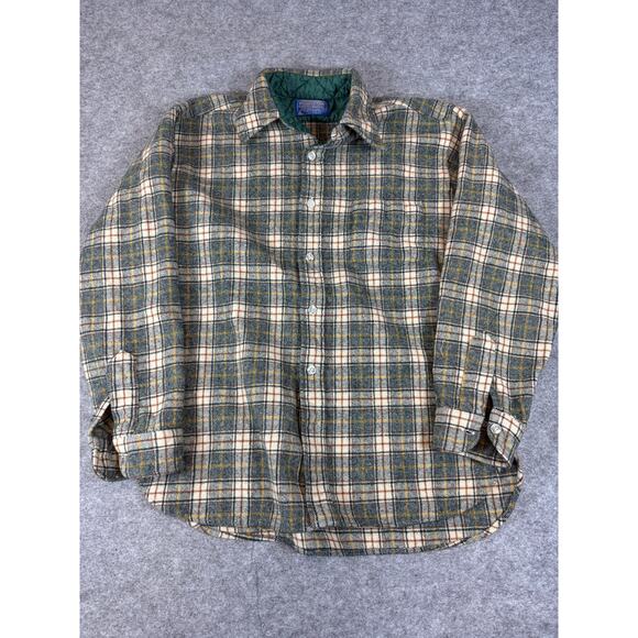 Vintage 80s Pendleton Wool Flannel Plaid Button Up Shirt Mens XL Gray Yellow - Picture 1 of 5